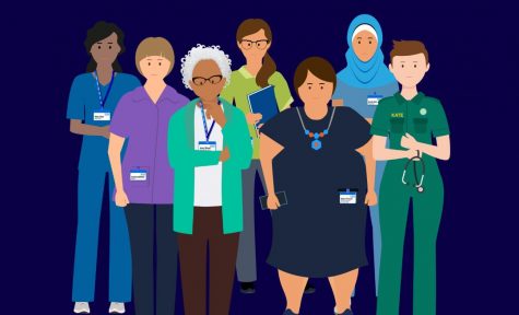 Cartoons of female NHS staff in various roles